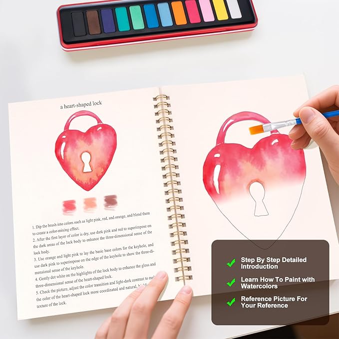 Metyond Valentine's Day Watercolor Workbook - Watercolor Coloring Book with 1 Workbook 12 Colors Paint Set with Brush, Beginner Friendly Watercolor Workbooks Set Valentine's Day Gift for Adults Teens