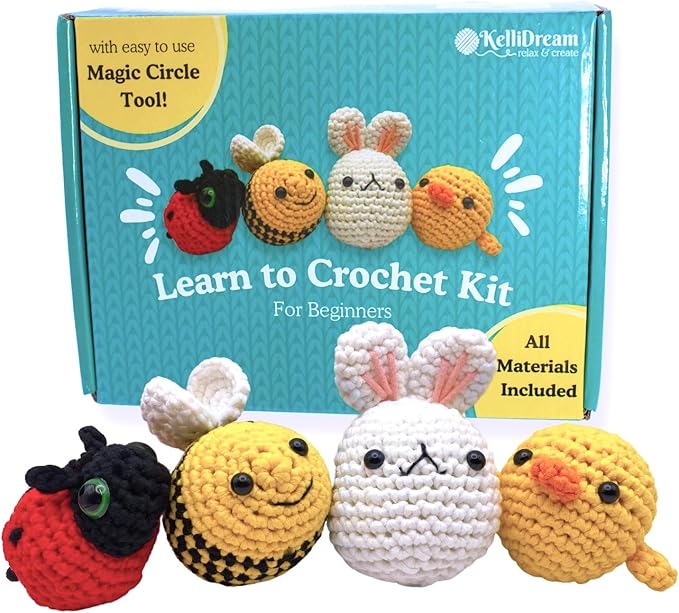 KelliDream Magic Circle Tool Inclusive Learn to Crochet Kit for Beginners; Step-by-Step Video Tutorials; All Supplies to Make Cute Amigurumi (Sunny Creatures)