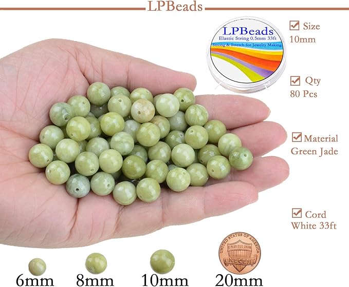 LPBeads 200Pcs Polished 6mm Round Natural Green Jade Gemstone Loose Beads with Stretch Cord for Jewelry Making Bracelets