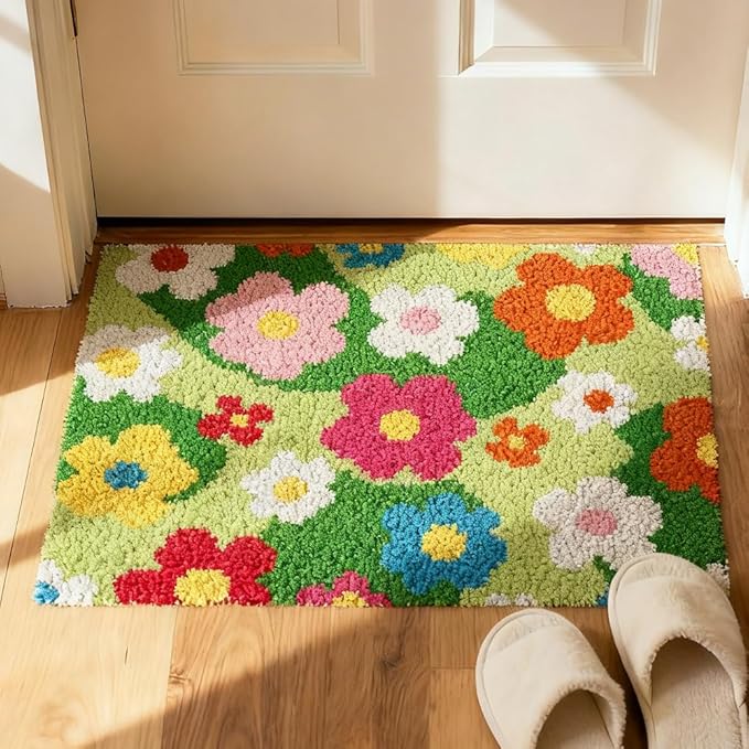 ORIGACH Grassland & Flowers Latch Hook Rug Kit for Adults Printed Rug Making Kit Handmade Carpet Tapestry Cover with Hook Latch and Preprinted Canvas, Home Arts Crafts Sofa Decor, 20.5x15inch
