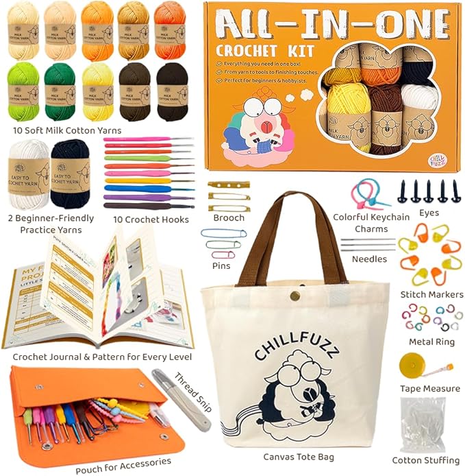 ChillFuzz Crochet Kit for Beginners 85 Piece Complete Crochet Set with Yarn, Hooks, Pattern Book – Beginner Crochet Kit for Adults & Kids with Tutorials, Great Christmas Gift for Craft Lovers Yellow