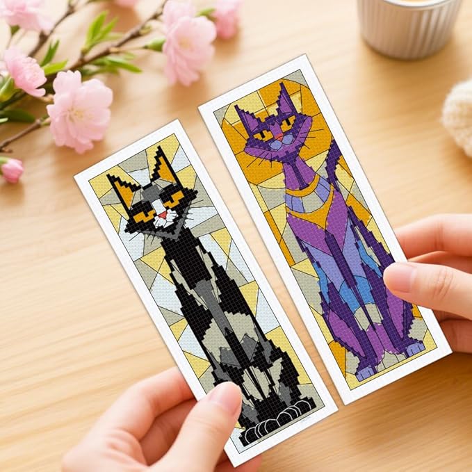 ORIGACH 6 Set Stained Glass Black Cat Cross Stitch Bookmark Kit for Beginner with Backing Felt Floss Instructions DIY Stamped Embroidery Bookmark Kit for Adults, Book Lovers