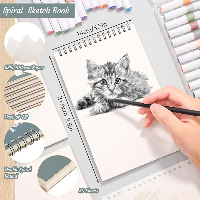 12 pack sketch book, 5.5 x 8.5 inch sketchbook, 68lb/100gsm top spiral bound sketch pad, acid free art supplies drawing painting sketching paper for adults, beginners, artists (30 sheets each)