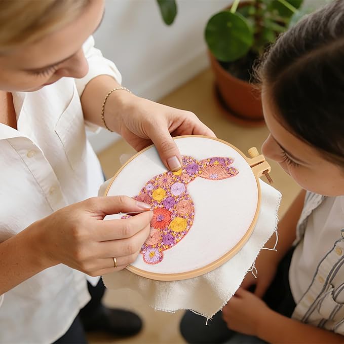Easter Embroidery Kits for Beginners Adults, Flowers Bunny Embroidery Kits, Hand Stamped Cross Stitch Kits for Beginners Adults & Women Easter Gifts, Entire Set of Embroidery Supplies & Video Tutorial