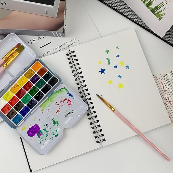Set of 2, Each with 20 Sheets, 7.5 x 5.1 Inches, 140 lb Cold Press Watercolor Paper, 1150 GSM Black Hard Cover, Spiral Bound, White Pages for Drawing and Painting