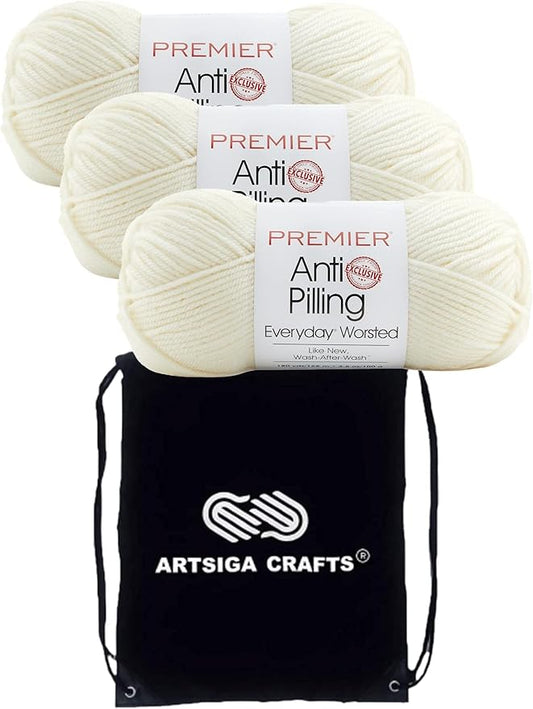 Premier Yarns Everyday Anti-Pilling Solid Aran DN100-68 (3-Skeins - Same Dye Lot) #4 Worsted Weight Acrylic Yarn for Crocheting and Knitting with Project Bag