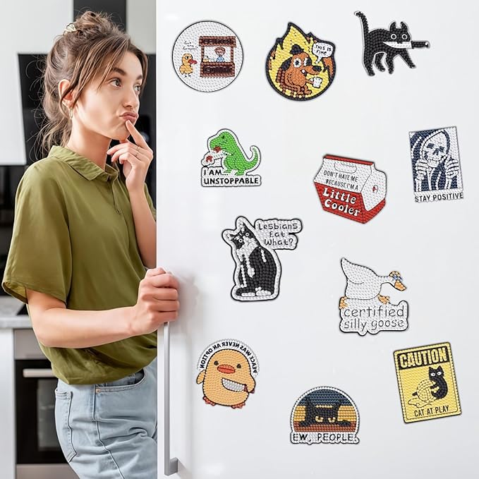 16 Pcs Funny Diamond Painting Magnets Kits,Diamonds Art Fridge Magnet Refrigerator Sticker Diamond Painting kit for Beginners Adults DIY Art Craft Gifts Home Decors (Funny)
