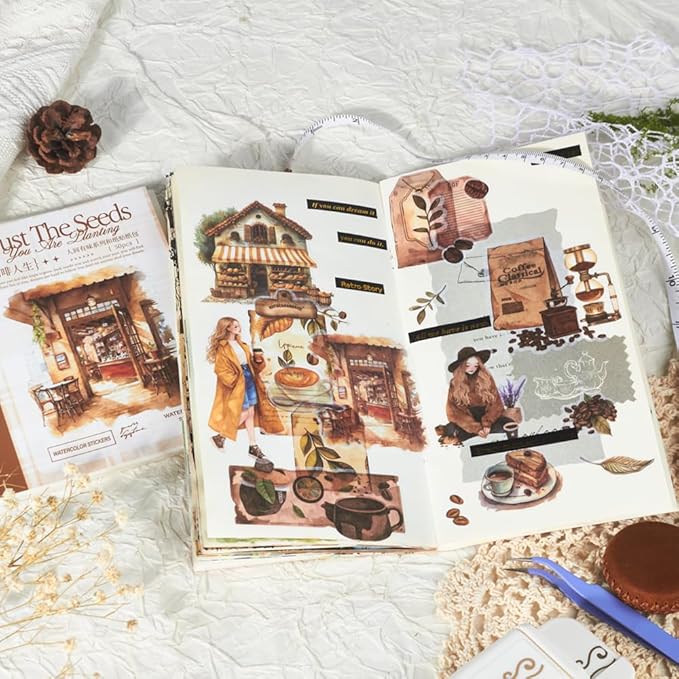 558pcs Coffee Journal Stickers, Ephemera for Junk Journaling Supplies, 50 Sheets Pre-Cut Washi Scrapbook Sticker Book for Scrapbooking, Bujo, Collage, Planners, DIY Art Crafts