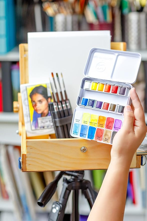 ZenART Professional Watercolour Paint - Non-Toxic 12 Half-Pan Set in Metal Tin Palette - Portable Travel Watercolour Set for Adults - Vibrant Essential Primary Water Colors