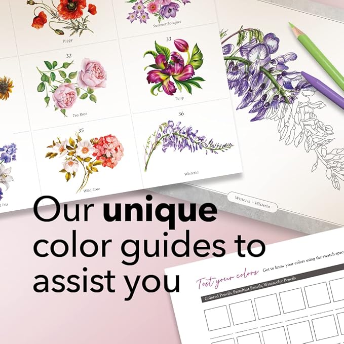 Castle Arts Flowers Colouring Book | 36 Mindfulness-Inspiring Blooms Curated by in-House Artists with Colour Reference Guide | No Show-Thru Artist Grade Paper | Frameable Landscape A4 Size