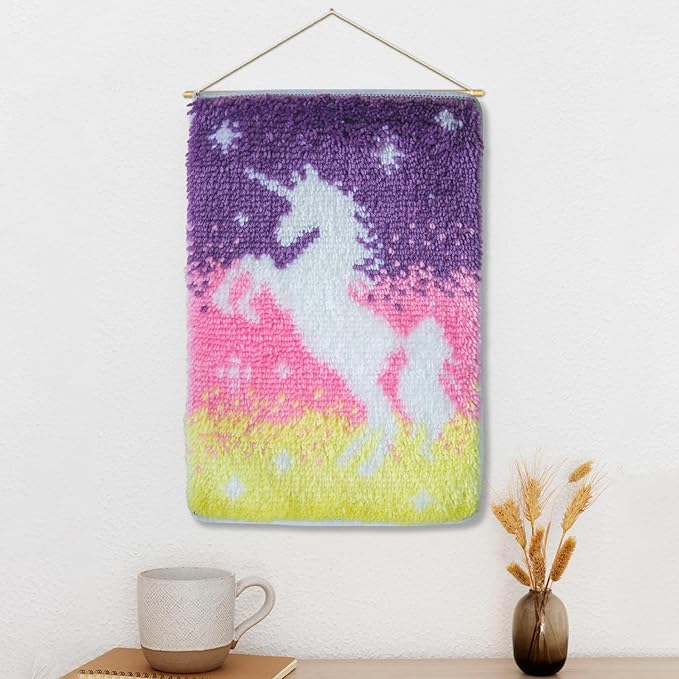 LAPATAIN Latch Hook Kits DIY Crochet Yarn Kits,Unicorn Carpet Embroidery Hook Rug Kit Needlework Sets Cushion for Adults Home Decor 20x15inch