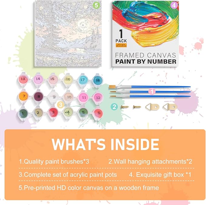 Framed Paint by Numbers Kit for Adults Beginners & Kids Ages 8-12, Starry Night Acrylic Easy Paint by Number with Frame, Watercolor Paint by Number Kits on Canvas Framed (10 * 10 Inch, without Easel)