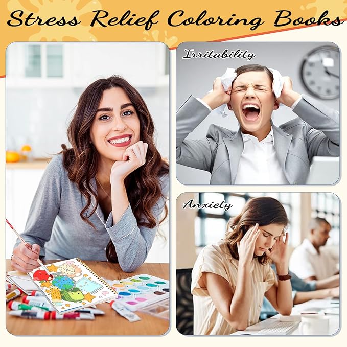 Coloring Book Set with 24-Color Acrylic Markers & Stickers, Ages 14+ Travel Sketch Book, 60 Pages 150gsm Thick Paper (7x8.3in) Spiral Bound Art Supplies