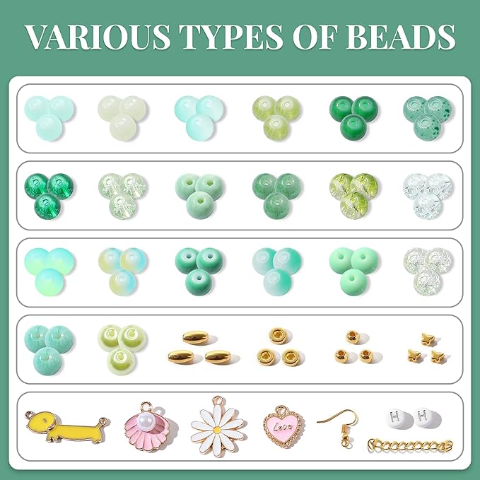 905Pcs Green Glass Beads Jewelry Making Kit for Woman - 8mm Crystal Beads for Bracelets Making with Beaded Plant & Alloy Charms for Boho Friendship Bracelets Necklace Earrings DIY Plant Making