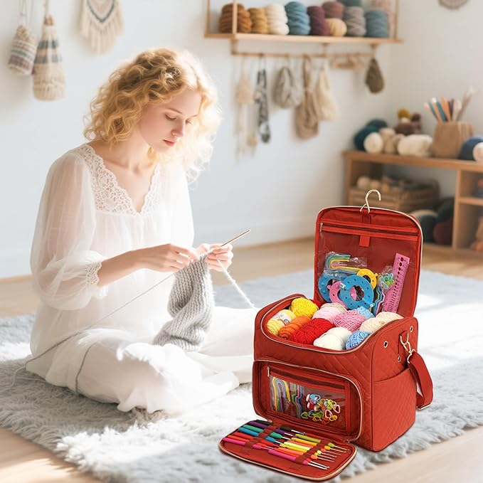 Knitting Bag- Crochet Bags for on The go,Yarn Storage Organizer, Perfect for Knitting and Crochet Accessories(Rust Red)