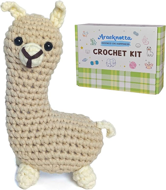 Araeknotta Crochet Kit for Beginners with Easy to Use Yarn, Crochet Hooks, Video Tutorial, Animal Amigurumi Craft Gift for Kids Women Adults (Llama)