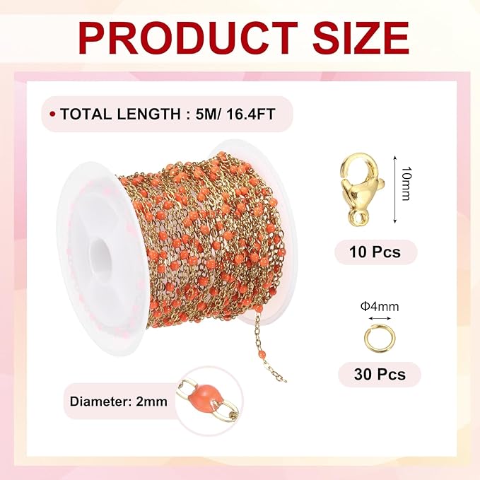 MECCANIXITY Stainless Steel Bead Chain, 16.4 Feet/5M Enamel Beaded Jewelry Link Cable Chains Spool Kit for Jewelry Making, Necklace, Bracelets, DIY Crafts (Gold/Orange, Pack of 1)