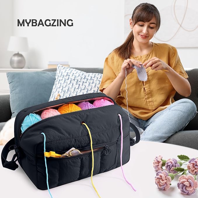 MYBAGZIGN Crochet Bag Organizer for Yarn & Hooks, Large Capacity Yarn Storage Bag with Yarn Holder Holes, Portable Crochet & Knitting Bag for Crocheting on The Go, Craft Travel Bag Gifts for Women