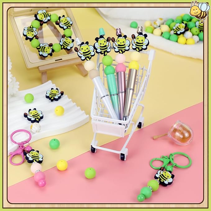 12pcs bee Silicone Focal Beads for Keychain Making for Pens Shape Silicone Beads for Bracelet Necklace Crafts （bee）