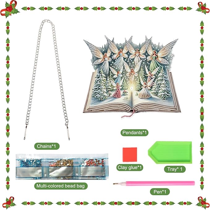 5D Christmas Diamond Painting Pendant Kit, Magic Book with Flying Elf and Snowy Forest, DIY Crystal Diamond Art Hanging Sign for Window, Door & Wall, Fantasy Home Decoration Gift, 24.1 x 20.4 cm