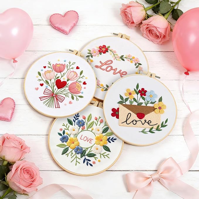 tpzbwg valentines embroidery kit, diy embroidery starter kit for adults & beginners, diy needlepoint kit with embroidery hoop thread needle for craft lover birthday gifts (valentines-4 set)