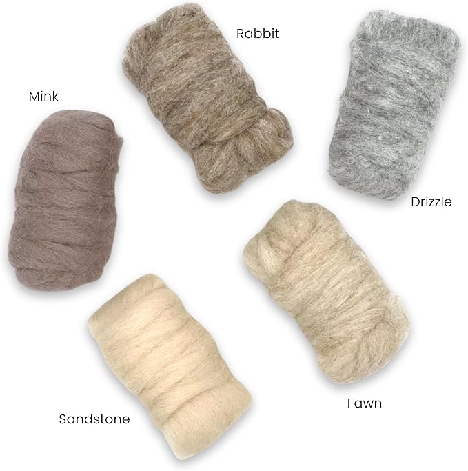 Corriedale Carded Sliver Wool Roving Variety Bundle | Best Core Wool for Needle Felting, Spinning, Wet Felting, Weaving, Dryer Balls, Yarn Roving - Ethically Sourced (Woodland Neutrals)