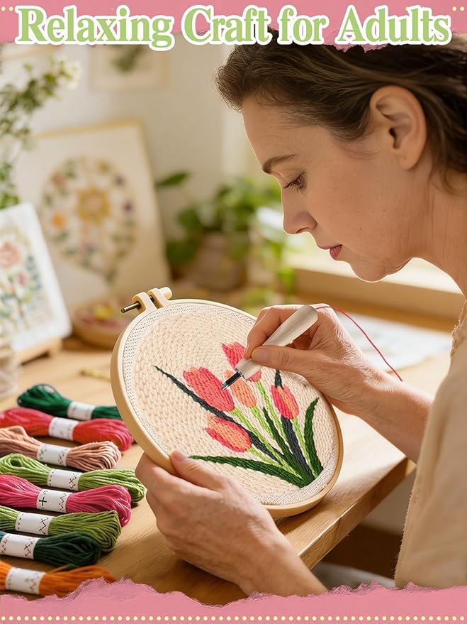 Punch Needle Kit Adults Beginner- Step-by-Step Guide & Video, Including Punch Needle Fabric with Pattern/Hoop/Needle/Yarns, Spring Embroidery Craft Kits, Easy Hobby Gifts for Women, Tulip