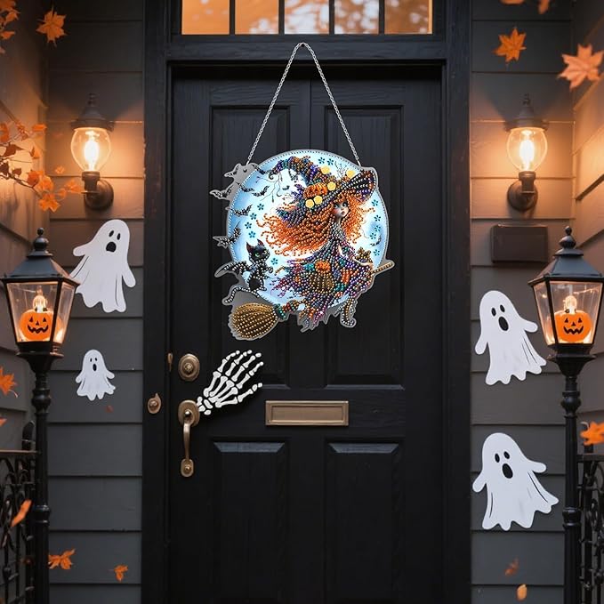 MUNORIAY Diamond Art Hanging Kit for Adult,Special Shaped Rhinestone,5D DIY Acrylic Double Sided Diamond Art Painting Window Pendants,Home Garden Wall Decor Hanging Ornament (Halloween Witch)