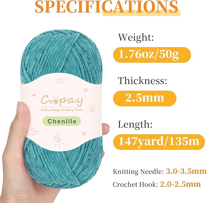 Coopay Skinny Chenille Yarn for Crocheting and Knitting, 12 Pack of 50g/1.76oz - 1764yd Total, Soft Velvet Yarn of Baby Weights - Suitable for Baby Blankets, Plush Toys - Super Soft (Green Gradient)