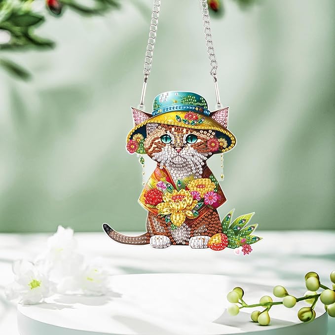 AiYuanzsh 5D Animal Cat Diamond Painting Kits Hanging Pendants Wall Art Point Drill Crystal Diamond Art Window Pendants Home Garden Wall Door Birthday Easter Day Festival Gifts