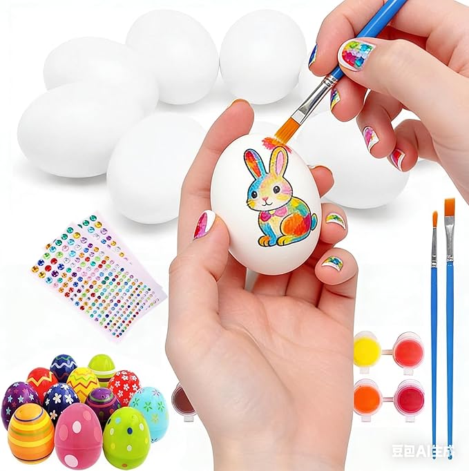 10 Pcs Wooden Easter Egg DIY Painting Kit ，Graffiti Art Crafts Spring Paint Your Own Easter Party Egg Statues ，Brushes Acrylic Paints Party Favor for Easter Spring Party Decorations