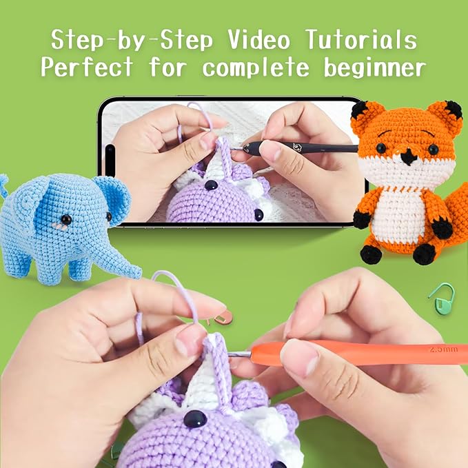 Gerute Crochet Kit for Beginners Adults Kids, Learn to Crochet with Step-by-Step Video Tutorials & Illustrated Guide, 40% More Yarn for 6 DIY Amigurumi Animal Projects, Complete Starter Supplies