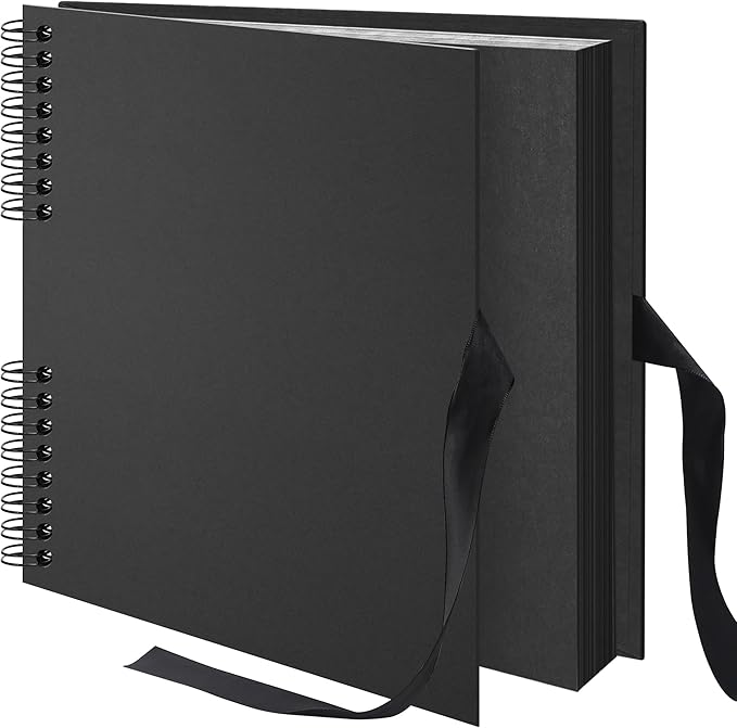 12x12 inch Scrapbook Photo Album DIY Picture Book 80 Pages, Thick Kraft Paper Scrap Book Album with Silk Ribbon Wedding Guest Book Memory Book for Baby, Family, Travel (Black)