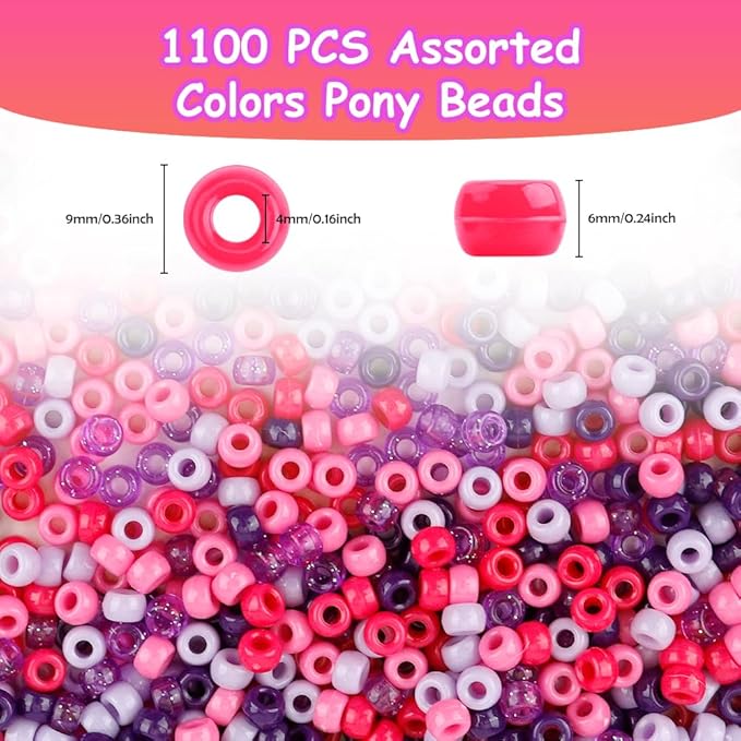 pony beads 1100 pcs,beads for jewelry bracelets making,plastic bead for crafts,hair bead for braids for girls,gifts for daughter,gifts for friends (purple color scheme)