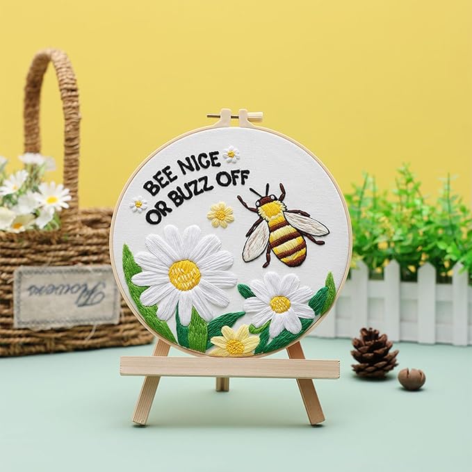 Louise Maelys Embroidery Kits for Beginners,Cross Stitch Kit for Adults,DIY Needlepoint with Bee Daisy Flowers Pattern