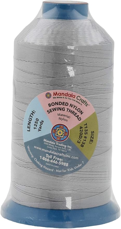 Mandala Crafts Size 138 420D T135 Bonded Nylon Thread - Gray 1250 YDs Tex 135 Heavy Duty Sewing Threads for Leather, Jeans, Weaving, Outdoor Marine Upholstery