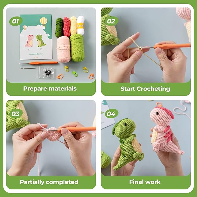 YESJOLI Crochet kit for Beginners, Crochet Animal Kits,Crocheting kit for Starters with Step-by-Step Video, Beginner Crochet kit for Adults Women, Crafts Dinosaur