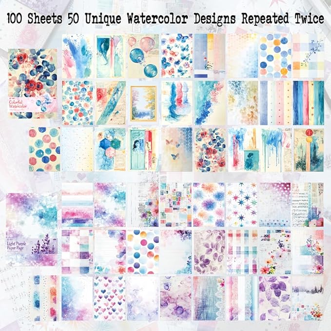 100 Sheets Watercolor Scrapbook Paper for Scrapbooking, Purple Collage Background Decorative Paper for Journaling, Junk Journal Supplies, Scrap Book, Decoupage, 3.9 x 5.5"