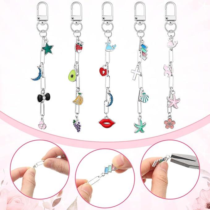 Tondiamo 286 Pcs Silver Keychain Making Kit Bulk Bag Charm Kit 120 Charms 20 Keychain Clips with Key Ring Swivel Snap Hook Lobster Claw Clasps 120 Jump Ring 25 Extender Chain Jewelry Plier DIY Craft