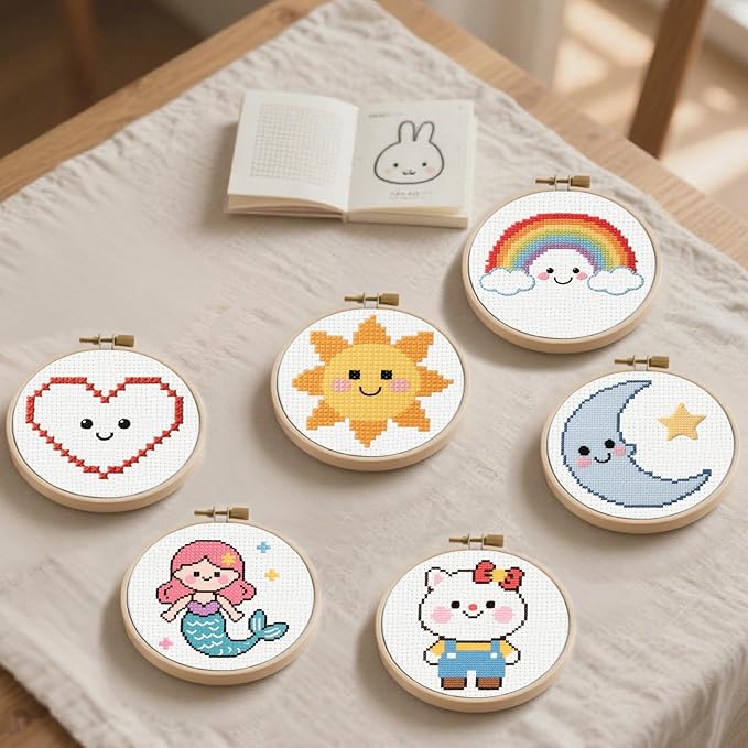57lilina Cross Stitch Kits for Kids - 6 Set Easy Beginners Embroidery Kit for Kids, DIY Cute Pre Printed Stamped Crossstitch Needlepoint Patterns Craft for Backpack Charms, Keychains & Girls Gifts