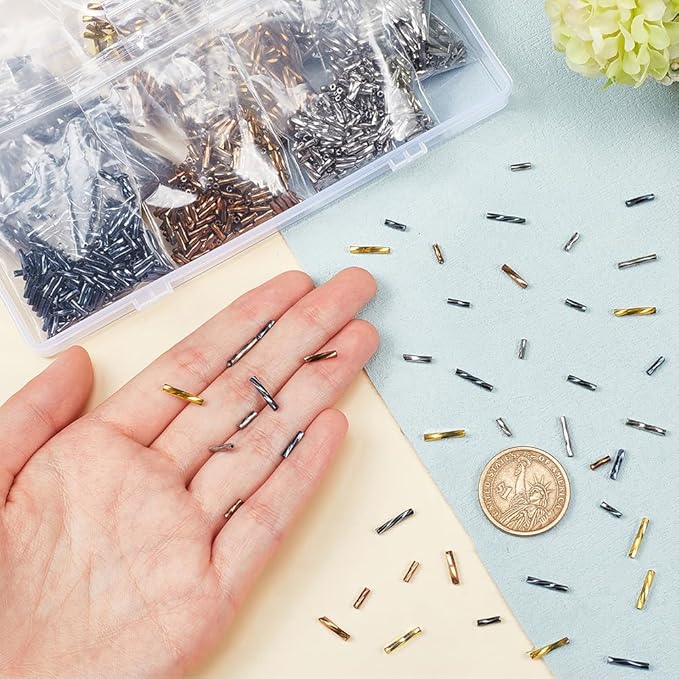 PH PandaHall 2000pcs Twisted Bugle Beads, Metallic Bugle Beads 6/9/12mm Glass Long Tube Seed Bead Craft Beads Loose Spacer Beads for Jewelry Crafts Making, Gray/ Camel/ Black (SEED-PH0001-65-US2)