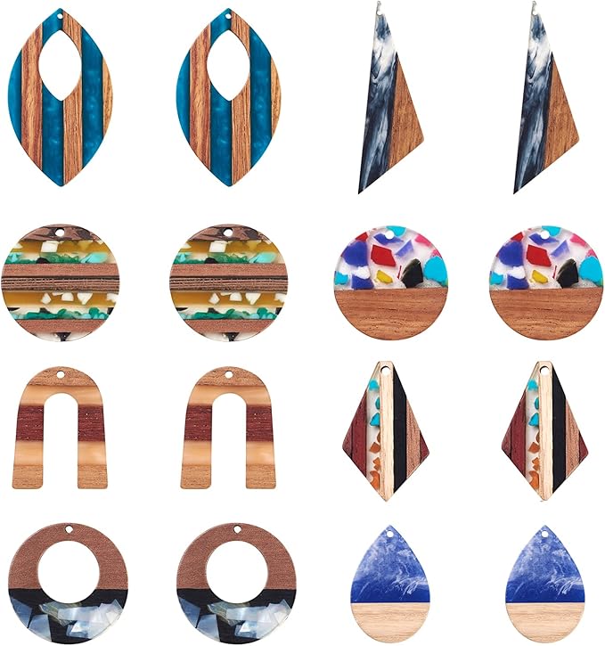 Beadthoven 16pcs/8 Pairs Colorful Ethnic Natural Wood Resin Charms DIY Earrings Pendants Mixed Shapes Wooden Pieces Pendants for Statement Jewelry Making Findings