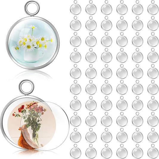 Hicarer 120 Pieces 12mm Stainless Steel Pendant Tray Blanks Kit Including 60 Pcs Silver Round Frame Tray Bases and 60 Pcs Clear Glass Cabochons Pendant for DIY Jewelry Making