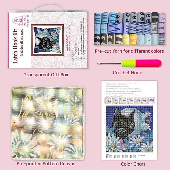 DL-YTG Latch Hook Kits Pillow Black Cat Right Crochet Yarn Cushion Colour Pre-Printed Canvas Rug Needlework DIY Pillowcase Hook and Latch Kit Home Arts Crafts Sofa Decoration 42x42cm/17 X17