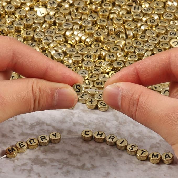 Songxi 1200pcs Gold Letter Beads for Bracelets, 4x7mm Black Alphabet A-Z Beads Friendship Bracelets Jewelry Making Kit
