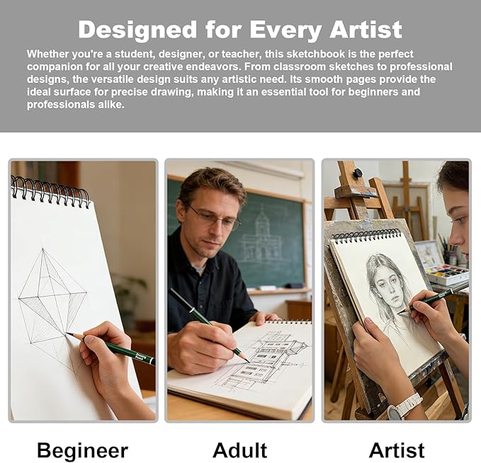 Sketchbook and Pencil Set - Spiral Bound Hardcover with 60 Sheets & 12 Charcoal Pencils (Hard/Medium/Soft) for Professional Artists and Beginners