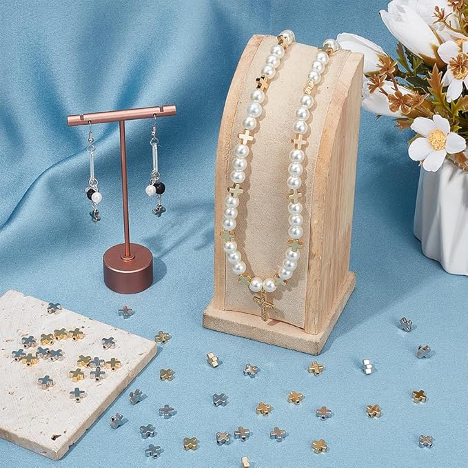 BENECREAT 60Pcs 18K Gold Plated & Platinum Plated Cross Spacer Bead, Brass Crucifix Beads Metal Loose Spacer Beads Jewelry Findings for Earring Bracelet Necklace Jewelry Making