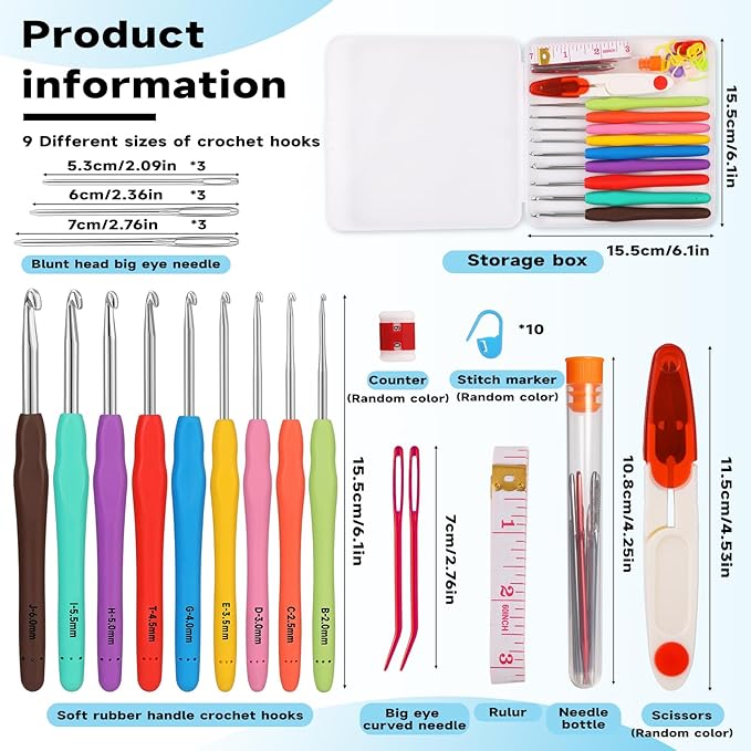 Mayboos 9 Sizes Crochet Hook Set, 34 Pack Crochet Hooks Yarn Needle Kits Knitting Needles with Ergonomic Handles for Crocheters Beginners 2.0mm~6.0mm