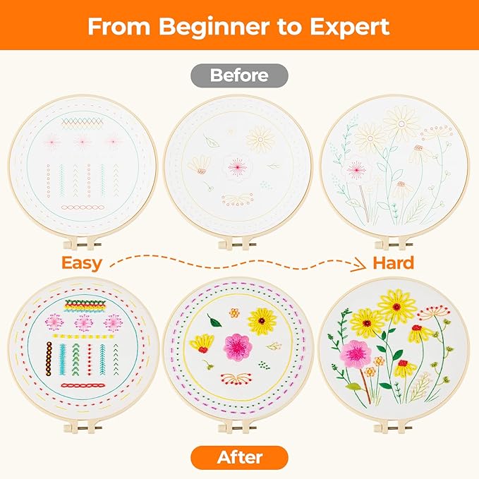 HTVRONT Sparkling Bead Embroidery Kit for Beginners- 3 Sets Flower Embroidery Kits with Step by Step Stitch Video & Instructions, Starter Embroidery with 12 Stitches for Christmas Gifts for Woman