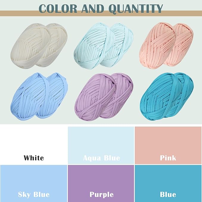 12 PCS T-Shirt Yarn Elastic Fabric Crochet for DIY Knitting, Spaghetti Knitting Yarn for DIY Bag Blanket Cushion Crocheting Projects,Home Decor(Blue+Pink+White+Purple+Aqua Blue+Sky Blue)